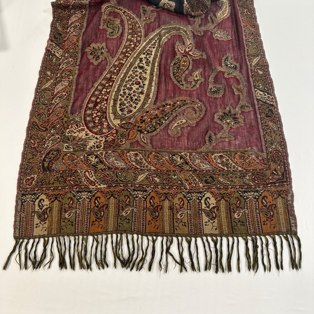 100% Wool Paisley Pashmina Shawl Scarf Burgundy Navy India Oversized Fringe Wrap
